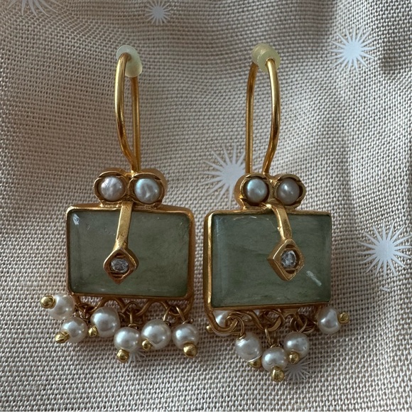 Gas Bijoux Jewelry - GAS Bijoux Green Gemstone with mini Pearls in 14K gold plated earrings